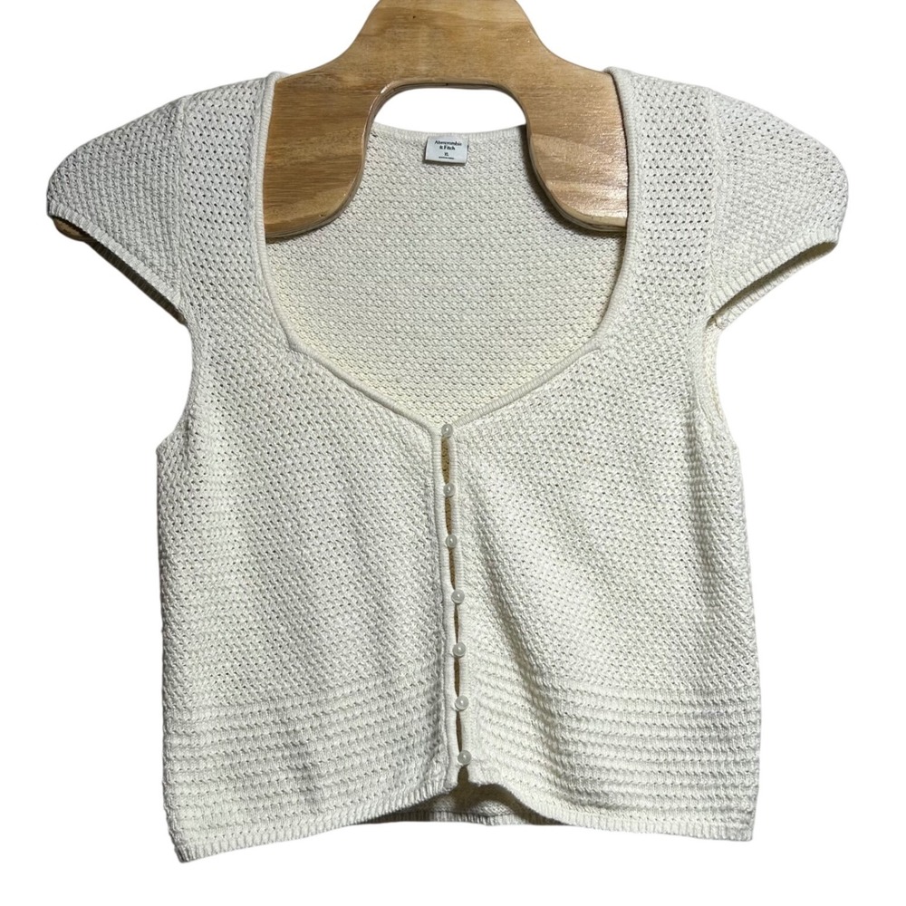 Abercrombie & Fitch Cream Pointelle Knit Button Front‎ Cap Sleeve Cardigan XL